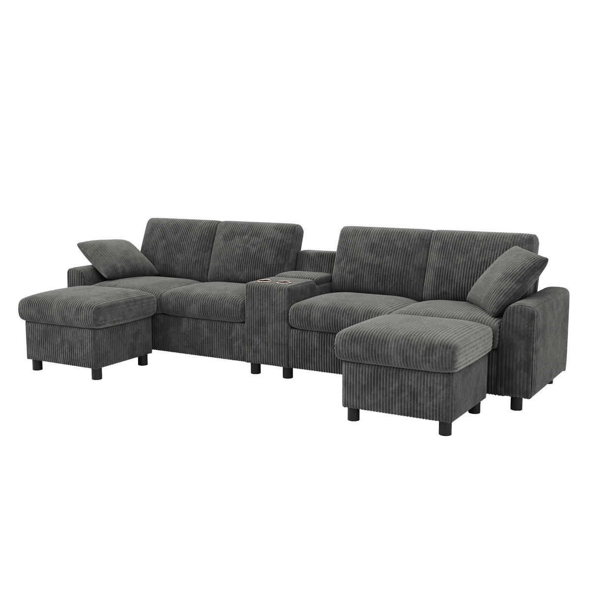 WOHNLANDSCHAFT 315/135/81 cm Grau mit 2 Fußhocker mit Stauraum und 1 Couchtisch - Grau, Textil (315/81/135cm) - Oxeza