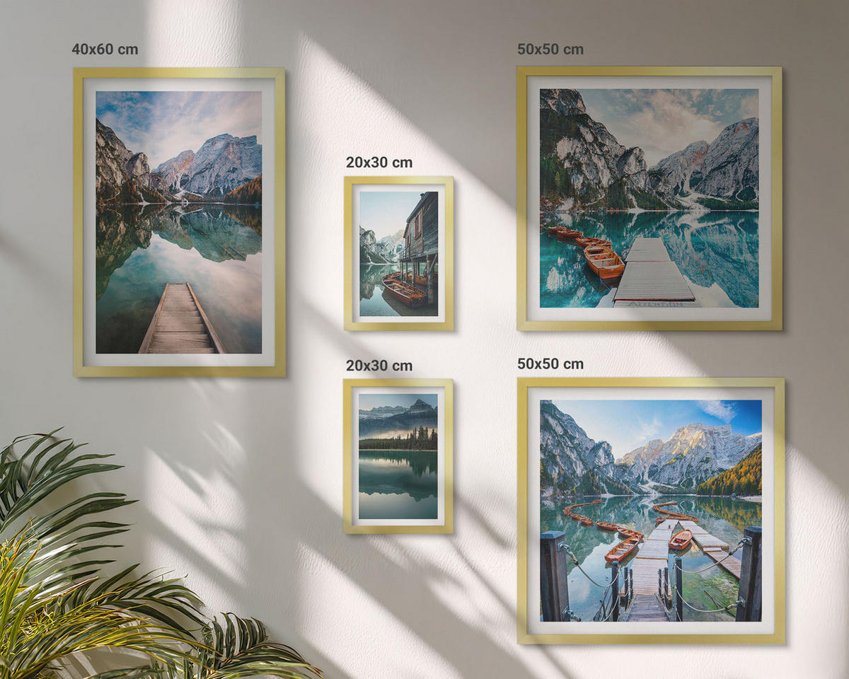 BILDER SET 5er Set - 50x50 cm & 20x30 cm & 40x60 cm Goldrahmen - See Berge Holzboote - Goldfarben, Kunststoff (40/60cm) - TULUP