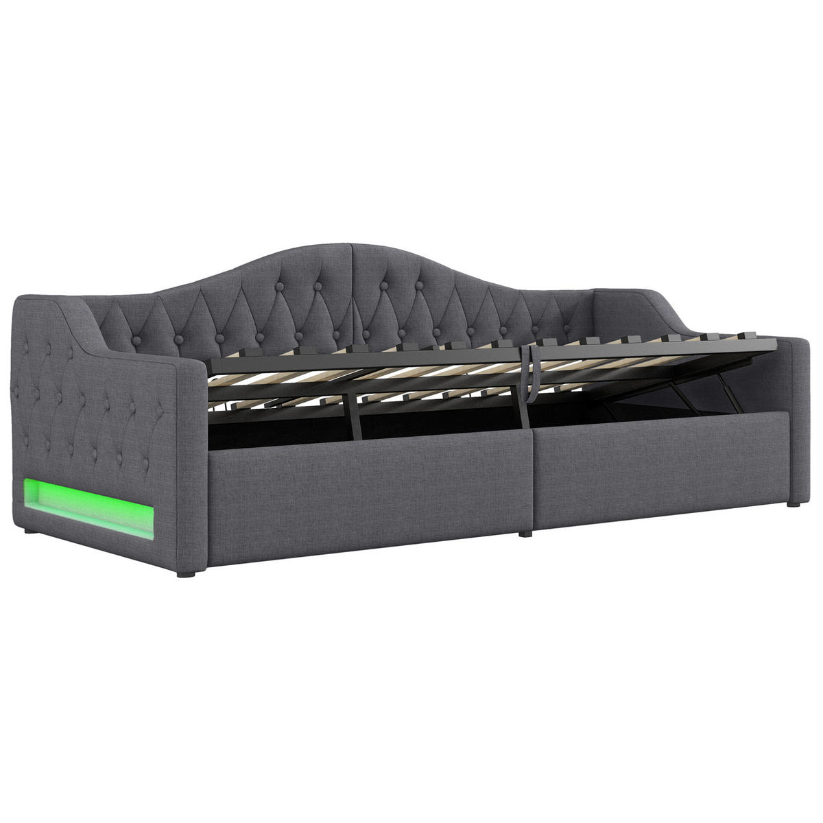 POLSTERBETT aus MDF und Sperrholz 90x200 cm Grau mit LED-Beleuchtung und Stauraum, Leinenpolsterung - Grau, Holzwerkstoff (90/200cm) - Modfu