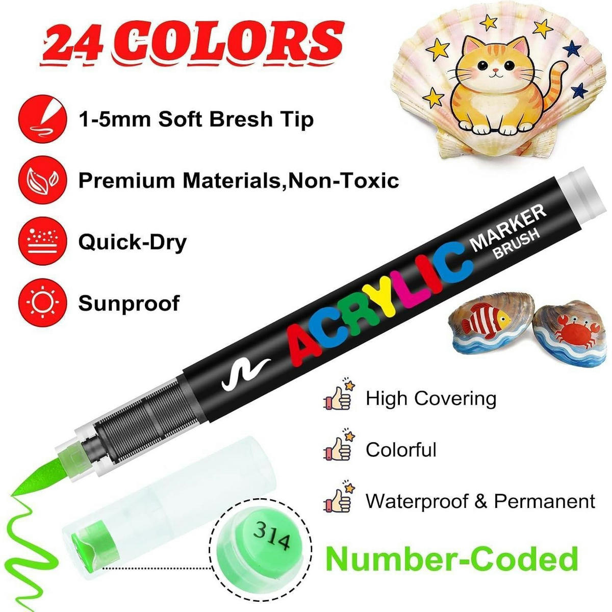 ACRYLSTIFTE 24 Farben Set mit Pinselspitze - Multicolor, Kunststoff (1.3/1.3/13.1cm)
