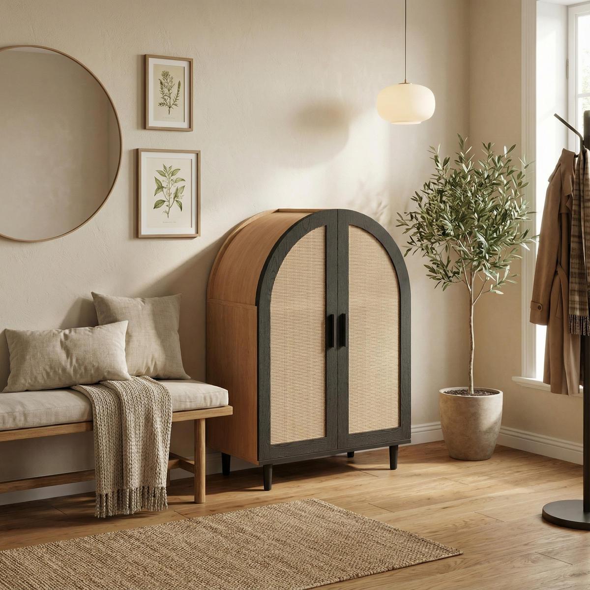 SCHUHKIPPER in Natur/Schwarz mit Bogen-Design - Schwarz, Holzwerkstoff (70/100/40cm) - Urban Meuble