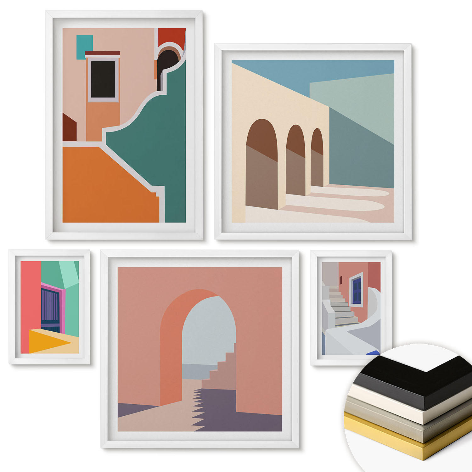 WANDBILDER 5er-Set - 50x50 cm & 20x30 cm & 40x60 cm Weißer Rahmen - Farbenfrohe moderne Gebäude - Weiß, Kunststoff (40/60cm) - ArtPrintCave