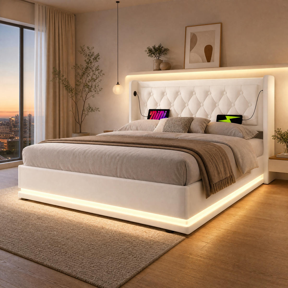 POLSTERBETT 140/200 cm in Weiß mit Bettkasten, LED, USB und Type-C PU - Weiß, Holzwerkstoff/Textil (140/200cm) - STILVORA