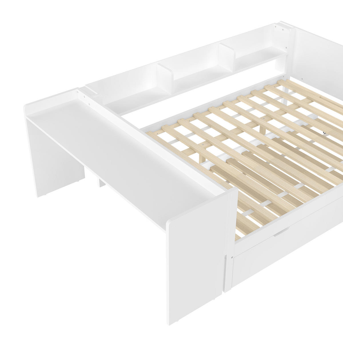 DOPPELBETT aus Kiefernholz und Spanplatte 140x200 cm Weiß mit Schreibtisch, Rollbett und 3 Regalen - Weiß, Holzwerkstoff (140/200cm) - IVMEU