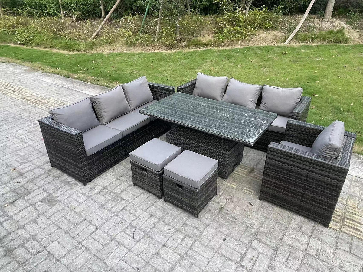 GARTENMÖBEL HÖHENVERSTELLBARER ESSTISCH SET Polyrattan 9-Sitzer - Dunkelgrau/Grau, Glas/Kunststoff - Fimous
