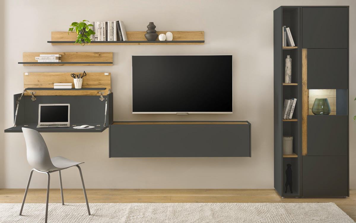 WOHNWAND mit Sekretär grau matt, Eiche Wotan 340 cm, Wohnkombination 6-teilig - Eiche Wotan/Grau, Holzwerkstoff/Kunststoff (340/200/40cm) - Furn.Design