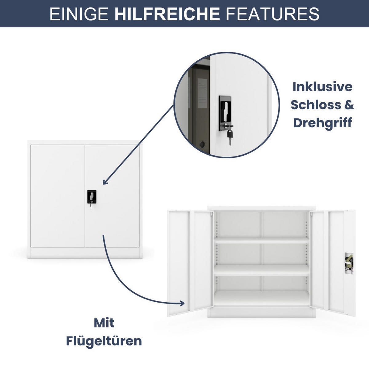 AKTENSCHRANK abschließbar KADO Flügeltüren 93x90x60cm Weiß - Weiß, Metall (93/90/60cm) - DELUKE