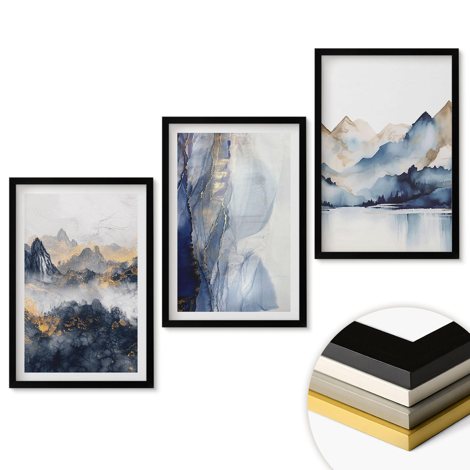 WANDBILDER 3er-Set - 40x60 cm Schwarzer Rahmen - Blaue und graue Berglandschaften - Schwarz, Kunststoff (40/60cm) - ArtPrintCave