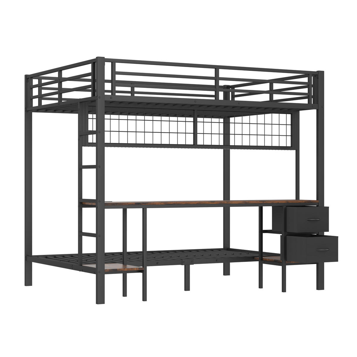 HOCHBETT 140/200 cm mit Schreibtisch, Schubladen, Regalen, Hängegitter, LED-Leiste und USB-Anschluss, Schwarz - Schwarz, Metall (140/200cm) - Redom