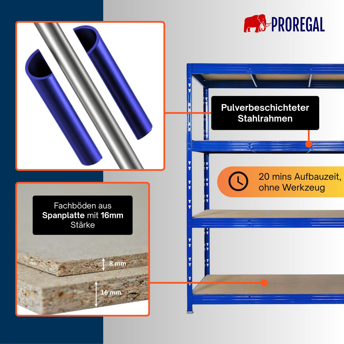 SCHWERLASTREGAL Rhino 200x200x60 cm 4 Spanplatten-Ebenen 16mm Fachlast 500 kg Blau - Blau, Metall (200/200/60cm) - PROREGAL