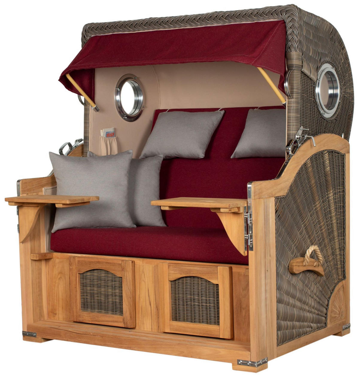 STRANDKORB Komplettset: Ammersee Grande XL Teak Bullauge - PE grau - Modell 594 - Rot/Grau, Holz/Kunststoff (142/165/95cm) - bene living