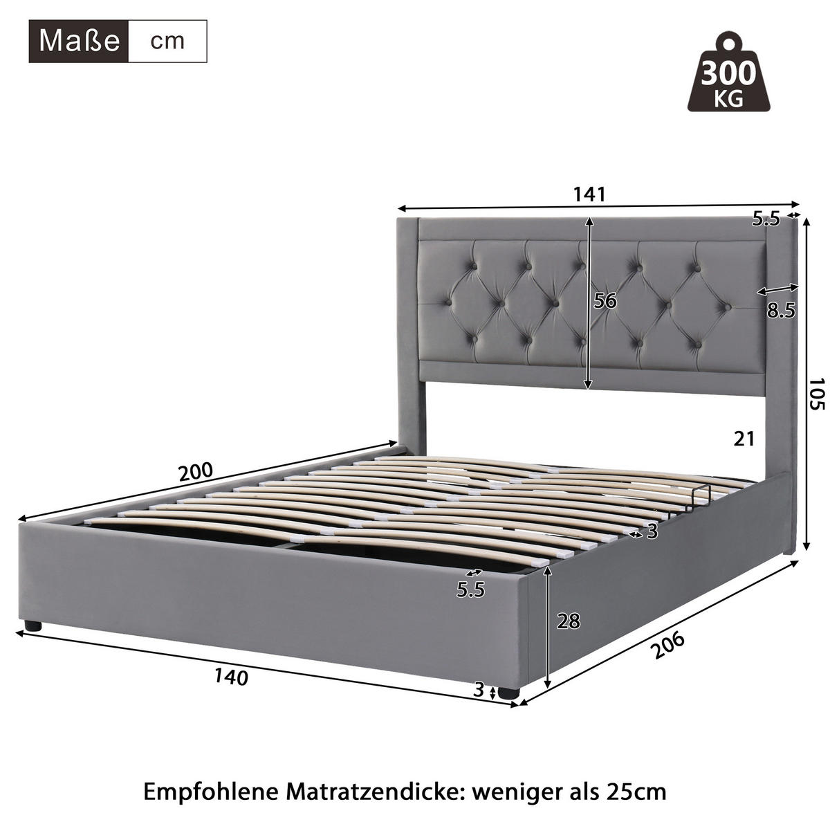 POLSTERBETT 140/200 cm Grau aus Samt mit Stauraum und Chesterfield-Kopfteil - Grau, Metall (140/200cm) - Flora Grace
