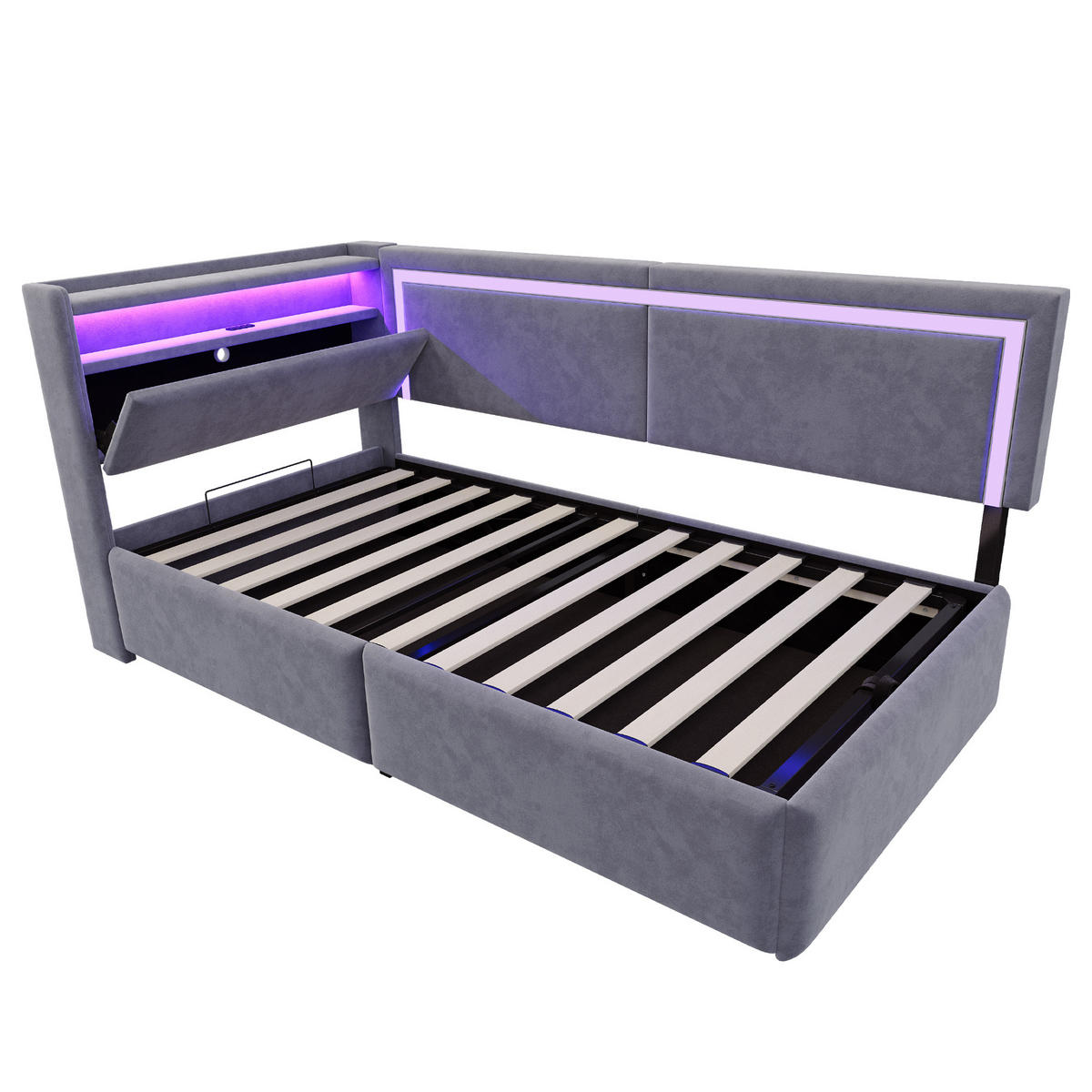 POLSTERBETT 90/200 cm grau aus Samt mit LED und USB Stauraum - Grau, Textil (90/200cm) - OKWISH