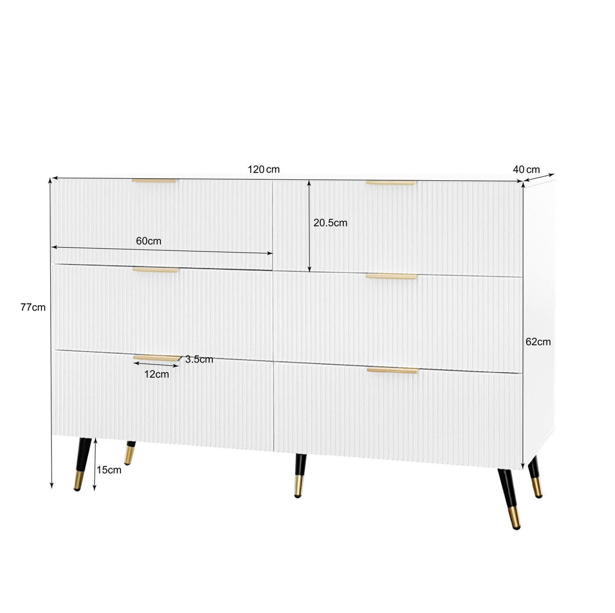 KOMMODE aus Spanplatte 120x77x40cm in Weiß mit 6 Schubladen - Weiß, Holzwerkstoff (120/77/40cm) - Modfu