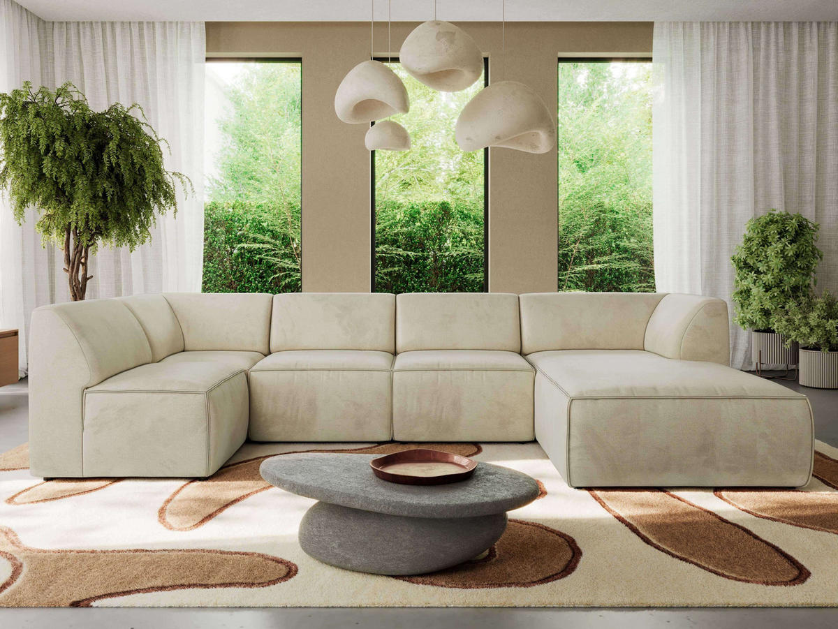 WOHNLANDSCHAFT MODARO U 6M - Beige Velvet - Rechts - Beige/Schwarz, Textil (345/78/180cm) - MKS