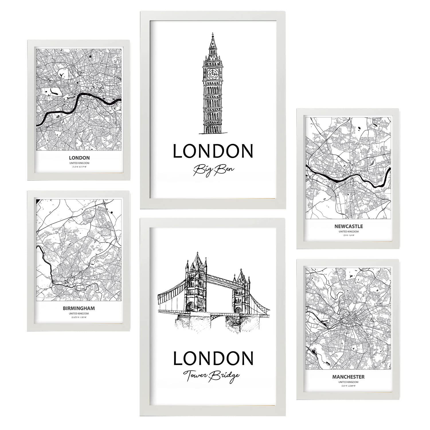 POSTER Set Mit 6 Drucke Von Uk Von Karten In Schwarz Weiß A3 & A4 Weißer Rahmen - Weiß, Papier (29/3cm) - Nacnic