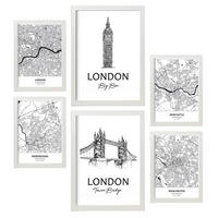POSTER Set Mit 6 Drucke Von Uk Von Karten In Schwarz Weiß A3 & A4 Weißer Rahmen - Weiß, Papier (29/3cm) - Nacnic