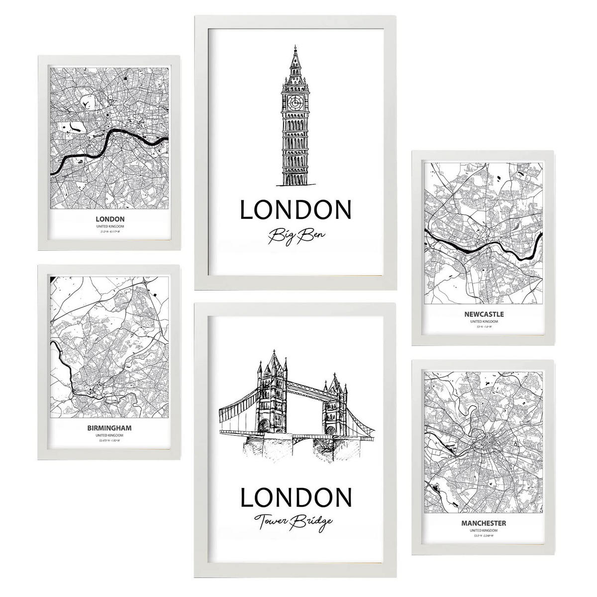 POSTER Set Mit 6 Drucke Von Uk Von Karten In Schwarz Weiß A3 & A4 Weißer Rahmen - Weiß, Papier (29/3cm) - Nacnic