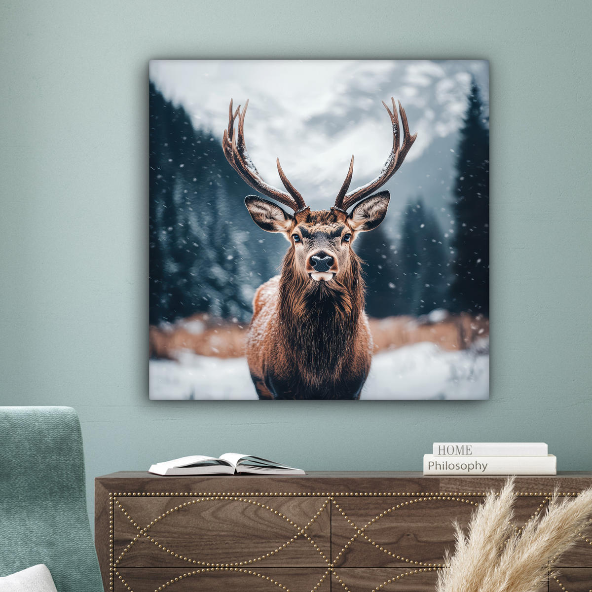 LEINWANDBILD Hirsche - Tiere - Landschaft - Winter - Schnee 90x90 cm - Kastanienfarben, Textil (90/90cm) - MuchoWow