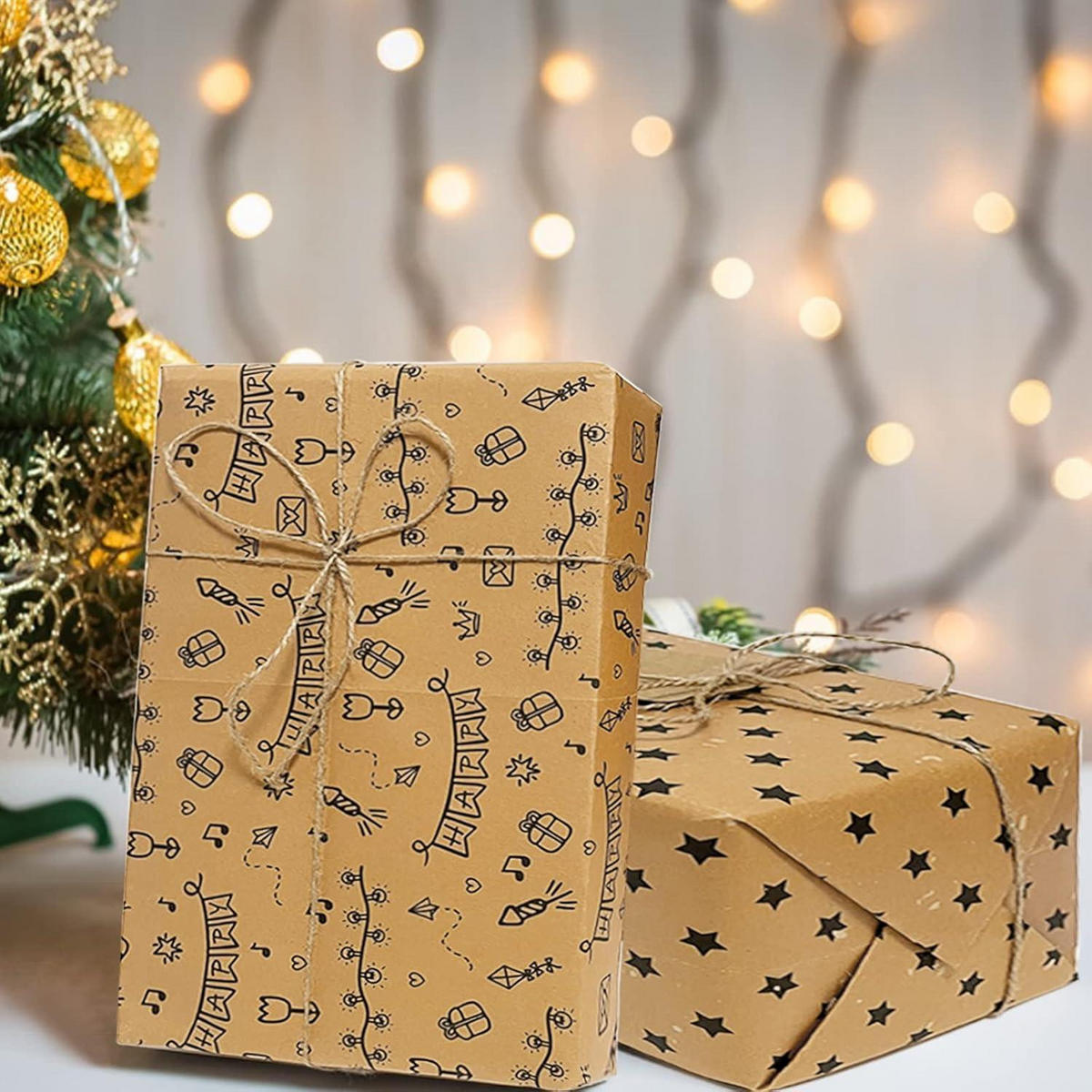 GESCHENKPAPIER Set 5-teilig Kraftpapier mit Schnur und Anhängern - Multicolor, Papier (15/0.6/19cm)
