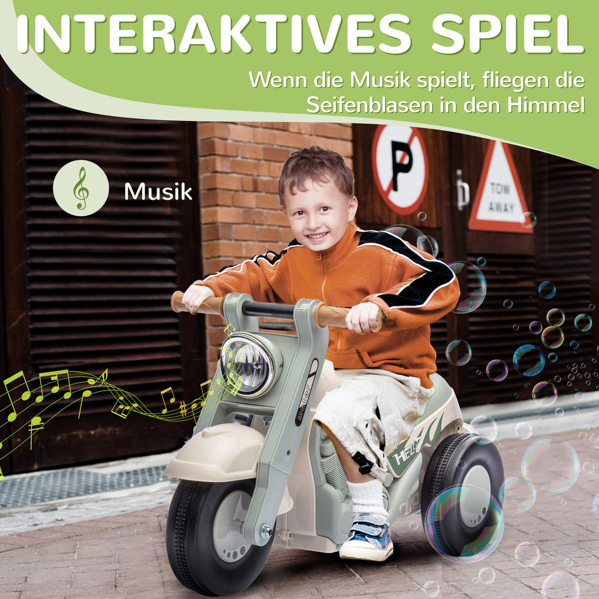 RUTSCHAUTO, Motorrad-Design, Musik und Seifenblasen, für 2-5 Jahre - Creme/Weiß, Kunststoff/Metall (80/35.5/42cm) - AIYAPLAY