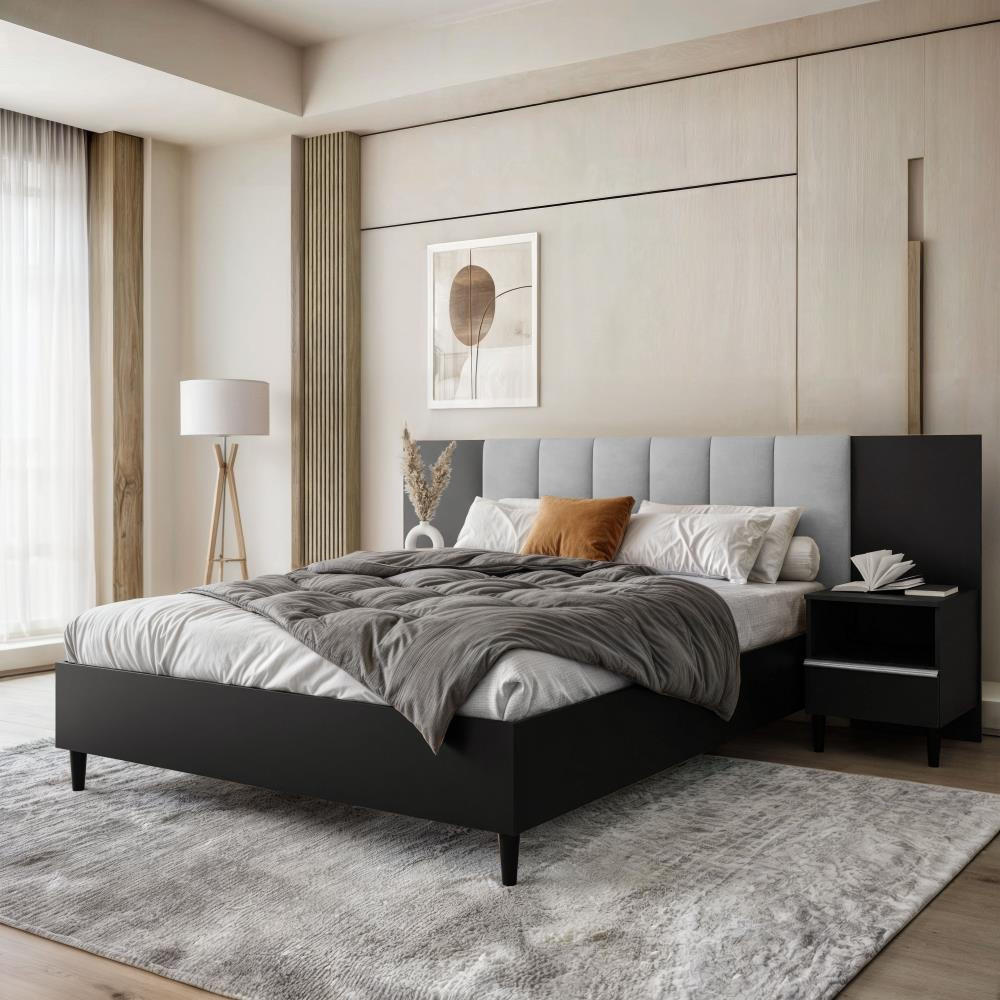 POLSTERBETT Lectus 166/211/108 mit 2 Nachttischen grau - Schwarz/Grau, Holzwerkstoff/Textil (160/200cm) - Beautysofa