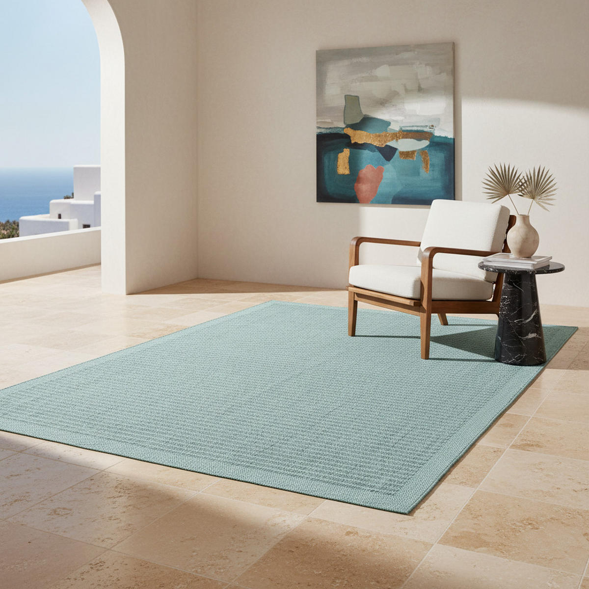 TEPPICH Outdoor Flachgewebe Uni-Farbe Polypropylen Balkon Blau Läufer 80x150 - Blau, Textil (80/150cm) - KADIMA DESIGN