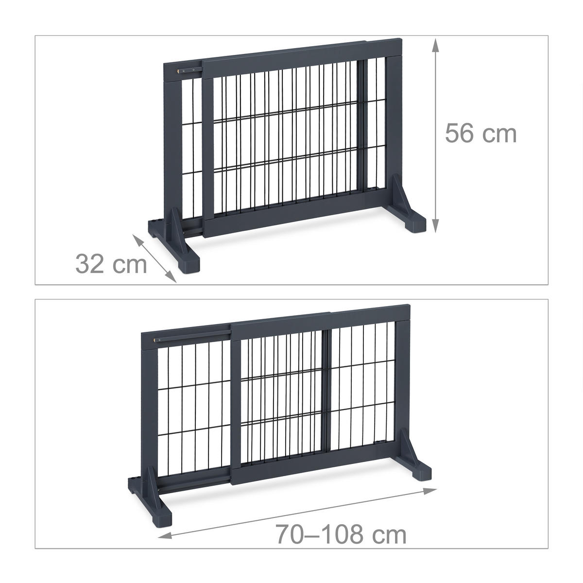ABSPERRGITTER Grau Schwarz ausziehbar Holz 70-108 cm - Grau, Holz/Metall (108/32cm) - Relaxdays