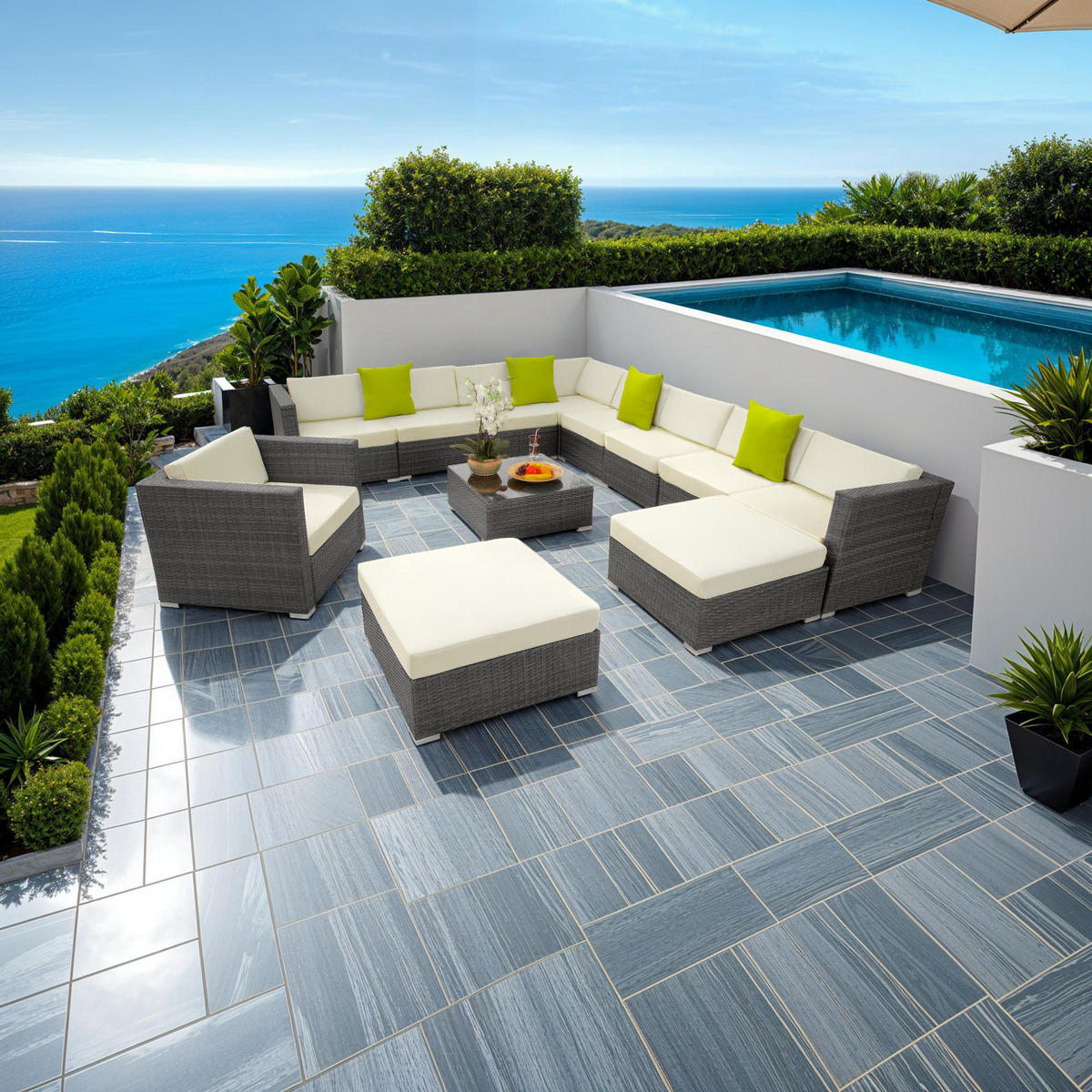 RATTANLOUNGE Las Vegas,mit Sicherheitsglasplatte,grau - Grau, Kunststoff - tectake