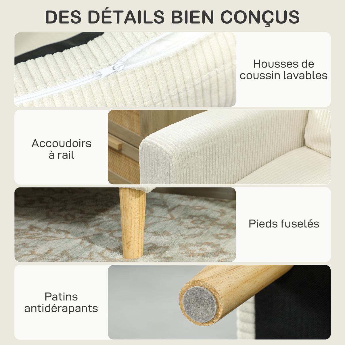 SOFA, 3-Sitzer, Cord, Federkernkissen, gepolstert, beige, 192x80x84,5cm - Multicolor, Holzwerkstoff (192/84.5/80cm) - FORIOUS