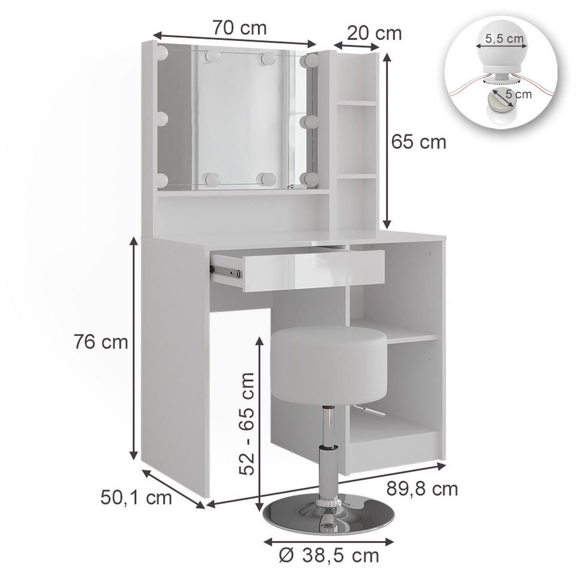SCHMINKTISCH Sherry Weiß/Weiß Hochglanz 89.8 cm 5 Teile - Weiß Hochglanz, Holzwerkstoff (89.8/76/50.1cm) - Vicco