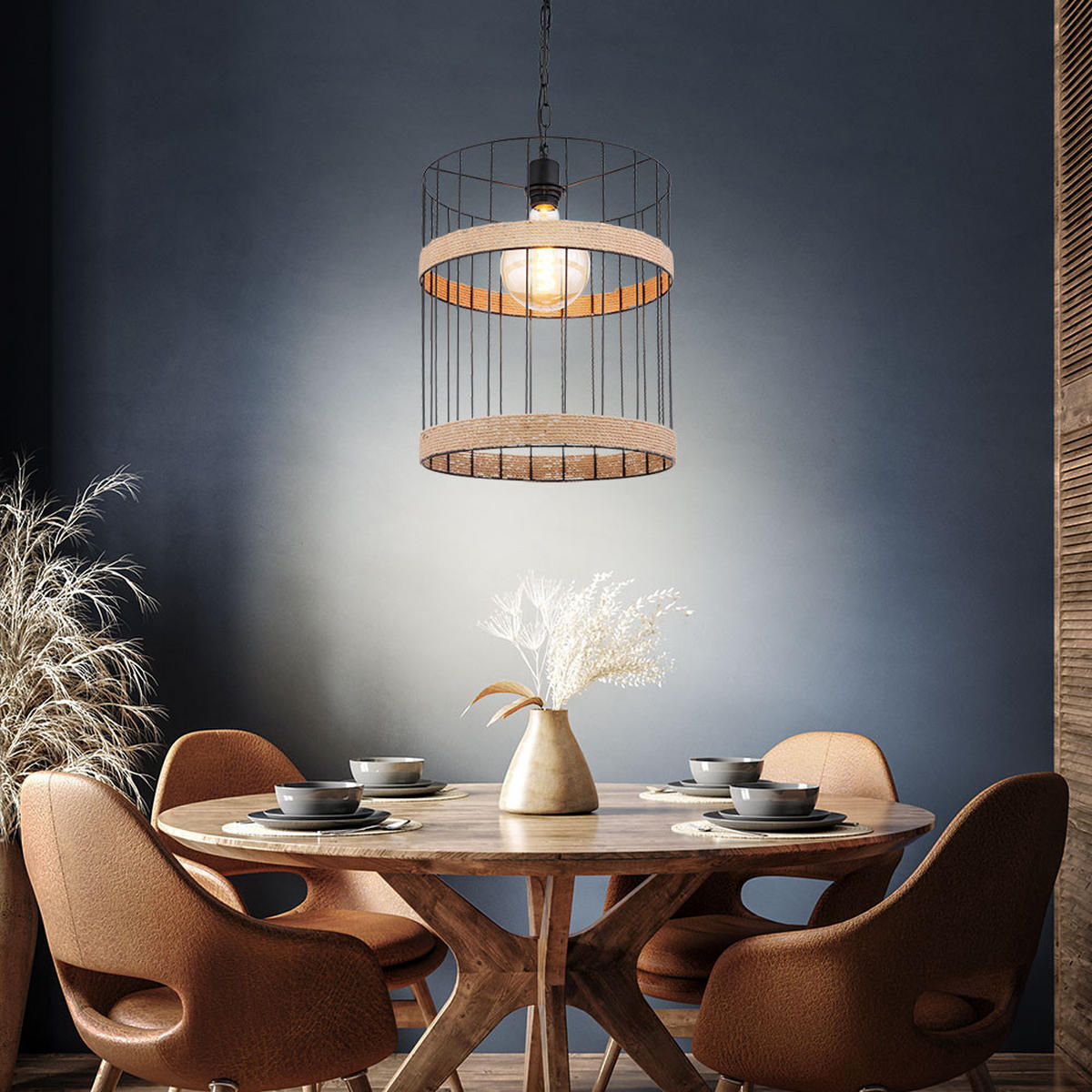 HÄNGELEUCHTE Gitteroptik Schwarz Hanfseil - Schwarz, Metall (35/35/145cm) - Globo Lighting