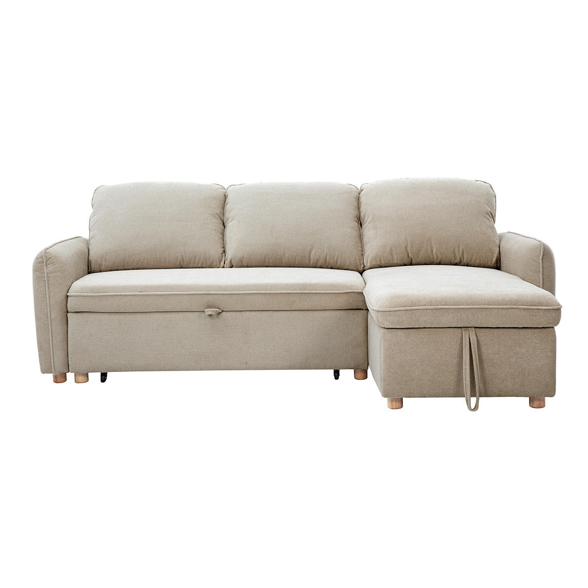ECKSOFA mit umkehrbarer Schlaffunktion und Stauraum, 3-Sitzer in strukturiertem Samt-Optik Stoff beige und hellem Holz ORSO - Beige, Textil (139.5/83/212cm) - Miliboo
