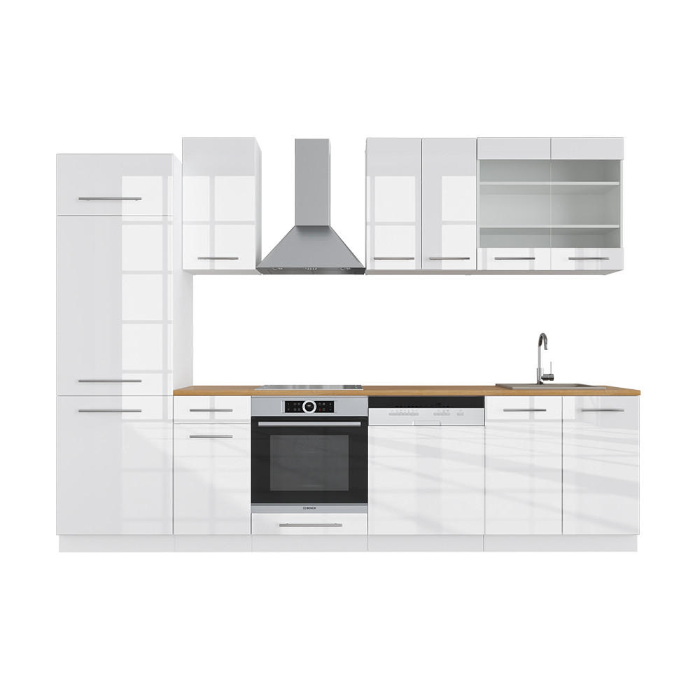 KÜCHENZEILE Fame-Line Weiß 300 cm ohne AP - Weiß Hochglanz/Weiß, Holzwerkstoff (300/81.6/46cm) - Vicco