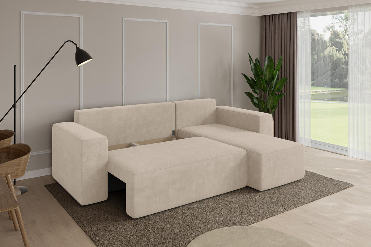 ROHOVÁ SEDAČKA s funkcí spaní, otoman vpravo SENO-L 249x139x85 béžová velur - černá/Sahara, kompozitní dřevo/textil (249/139cm) - ALTDECOR