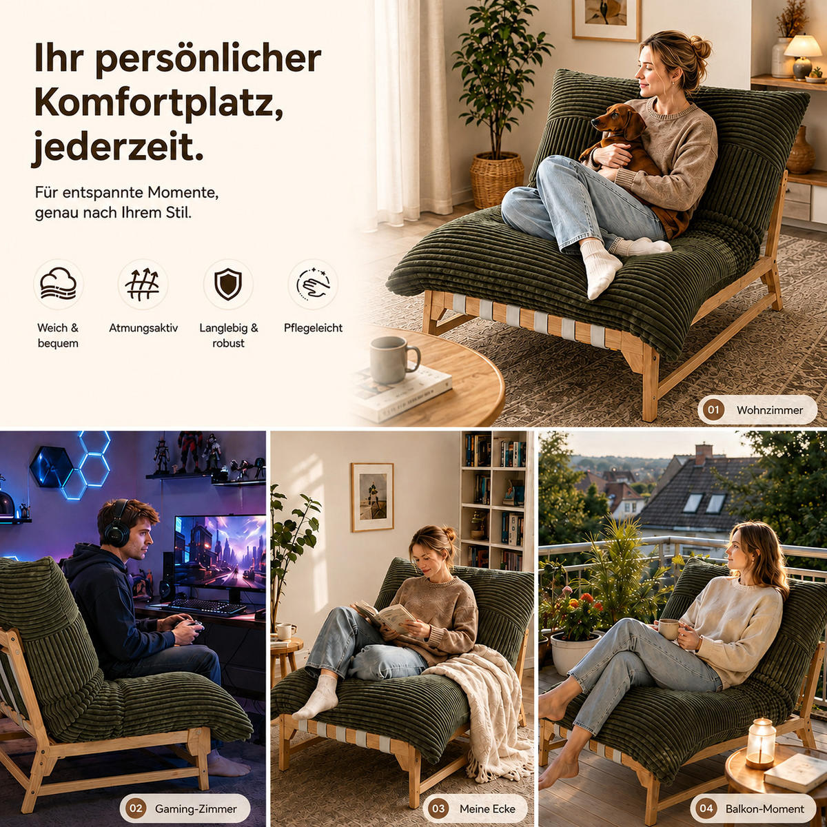 XXL-SESSEL Cord mit Holzrahmen, Breites Kissen, Grün - Grün, Holz/Textil (117/94/114cm) - LVHOM