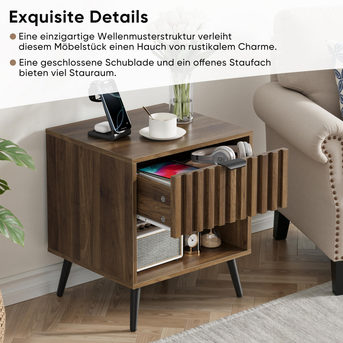 NACHTTISCH aus MDF 45x40x53 cm Walnuss mit Schublade und offenem Fach, modernes Design - Walnussfarben, Holzwerkstoff (45/53/40cm) - Modfu