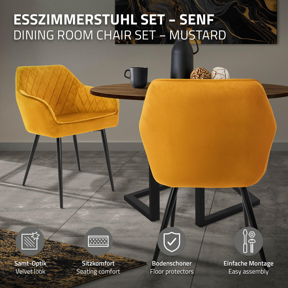 ESSZIMMERSTUHL 6er Set Senfgelb Samt - Gelb/Schwarz, Textil/Metall (63/80/60cm) - ML-DESIGN