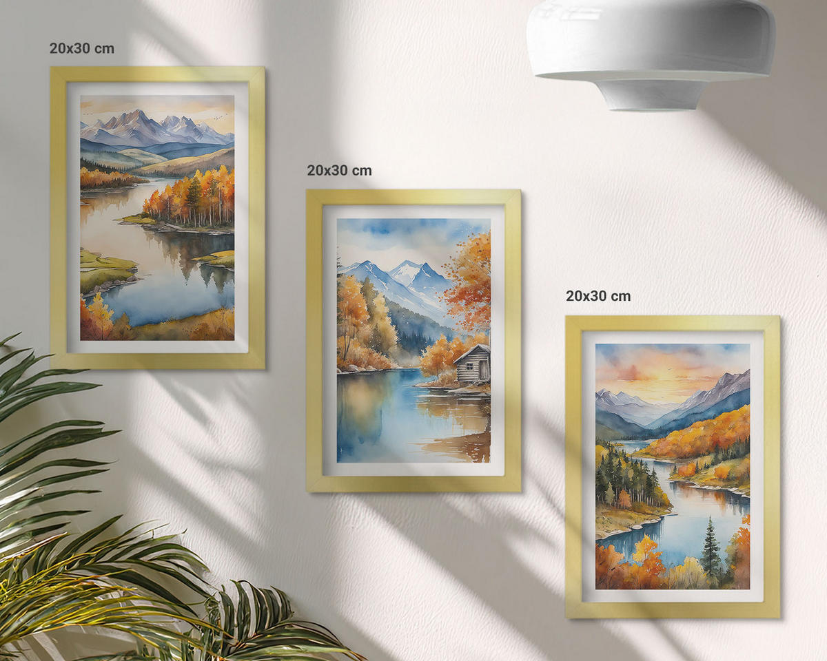 BILDER SET 3er Set - 20x30 cm Goldrahmen - Herbstliche Berglandschaften - Goldfarben, Kunststoff (20/30cm) - TULUP