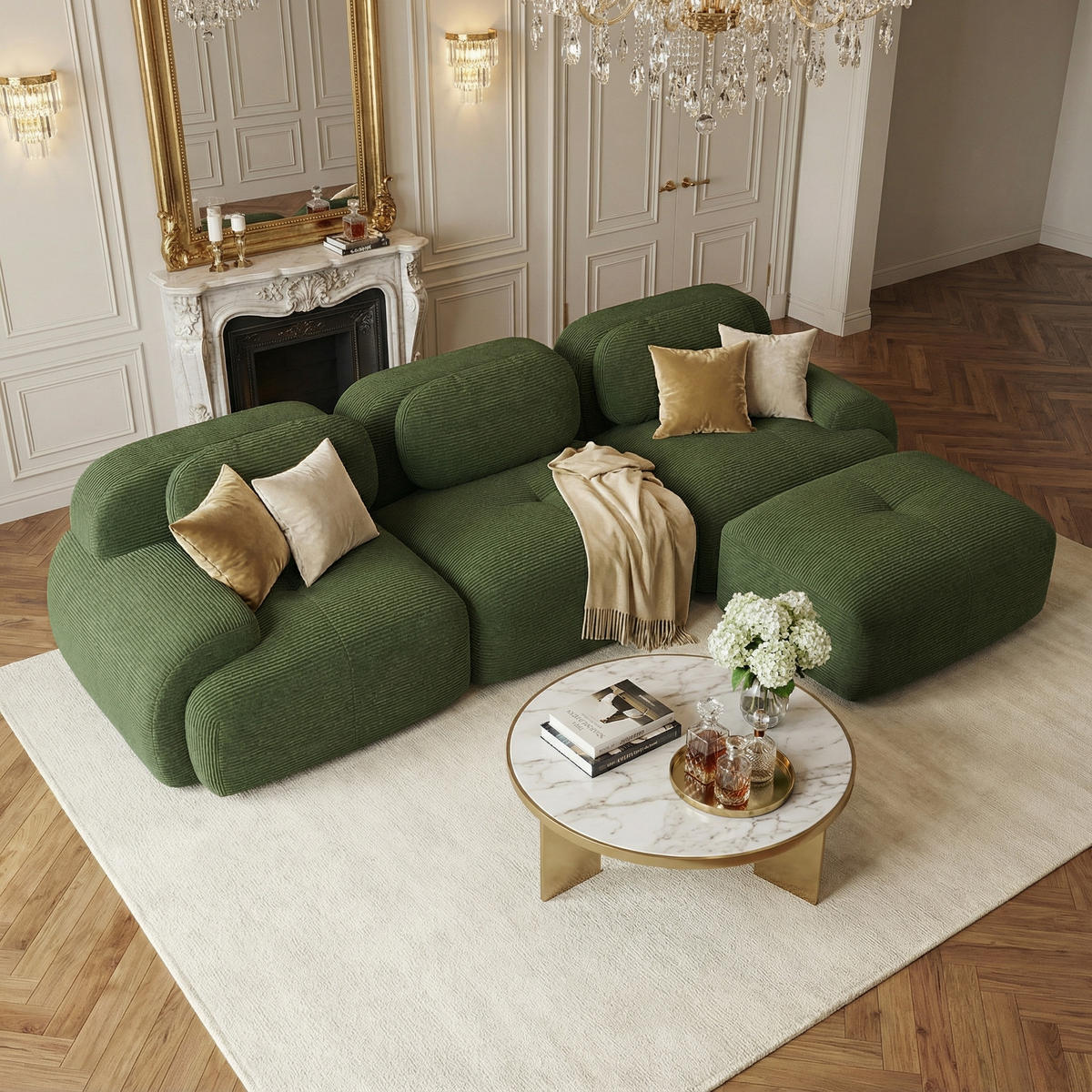 ECKSOFA 3-Sitzer in Premium-Cord Montagefrei & Rutschfest - Grün, Textil (298/178cm) - Urban Meuble