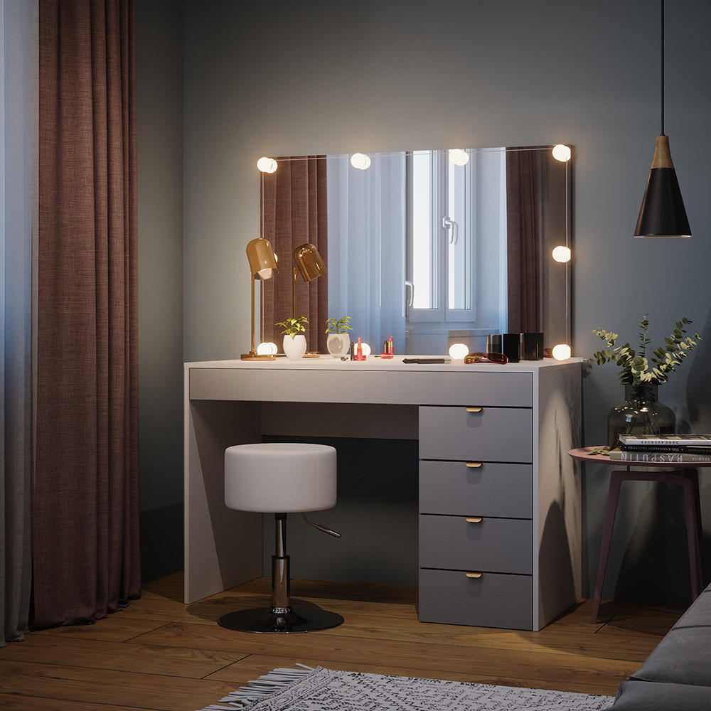 SCHMINKTISCH Elise Weiß/Grau/Grau 115 cm mit LED Beleuchtung und Hocker - Weiß/Grau, Holzwerkstoff (115/76/55cm) - Vicco