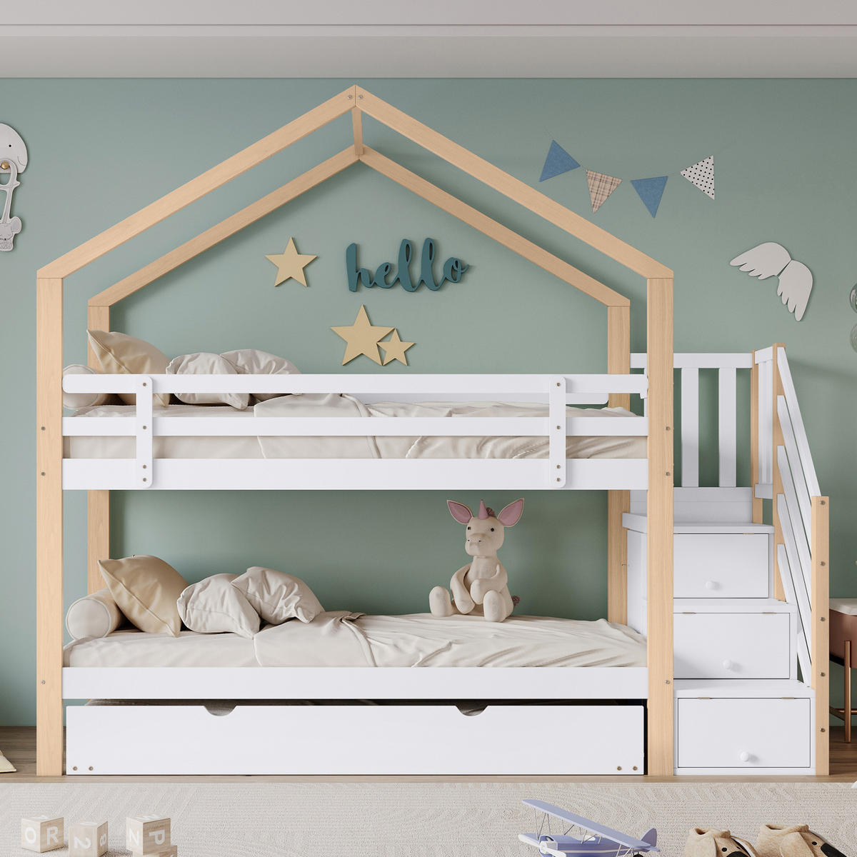 HAUSBETT 90/200 cm mit Ausziehbett 90/190 cm, Natur/Weiß, mit Treppe und Stauraum - Weiß, Holz (90/200cm) - Flora Grace