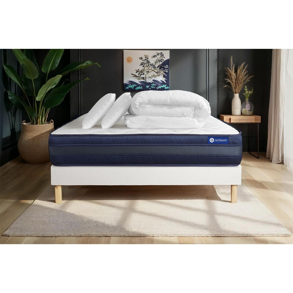 BETT Actilatex tech Latex und Memory-Schaum 160 x 200 cm h4 - Kit Bettgestell Weiß - Mit Kissen und Bettdecke - Beige/Weiß, Karton/Holz (160/200cm) - ACTISOM