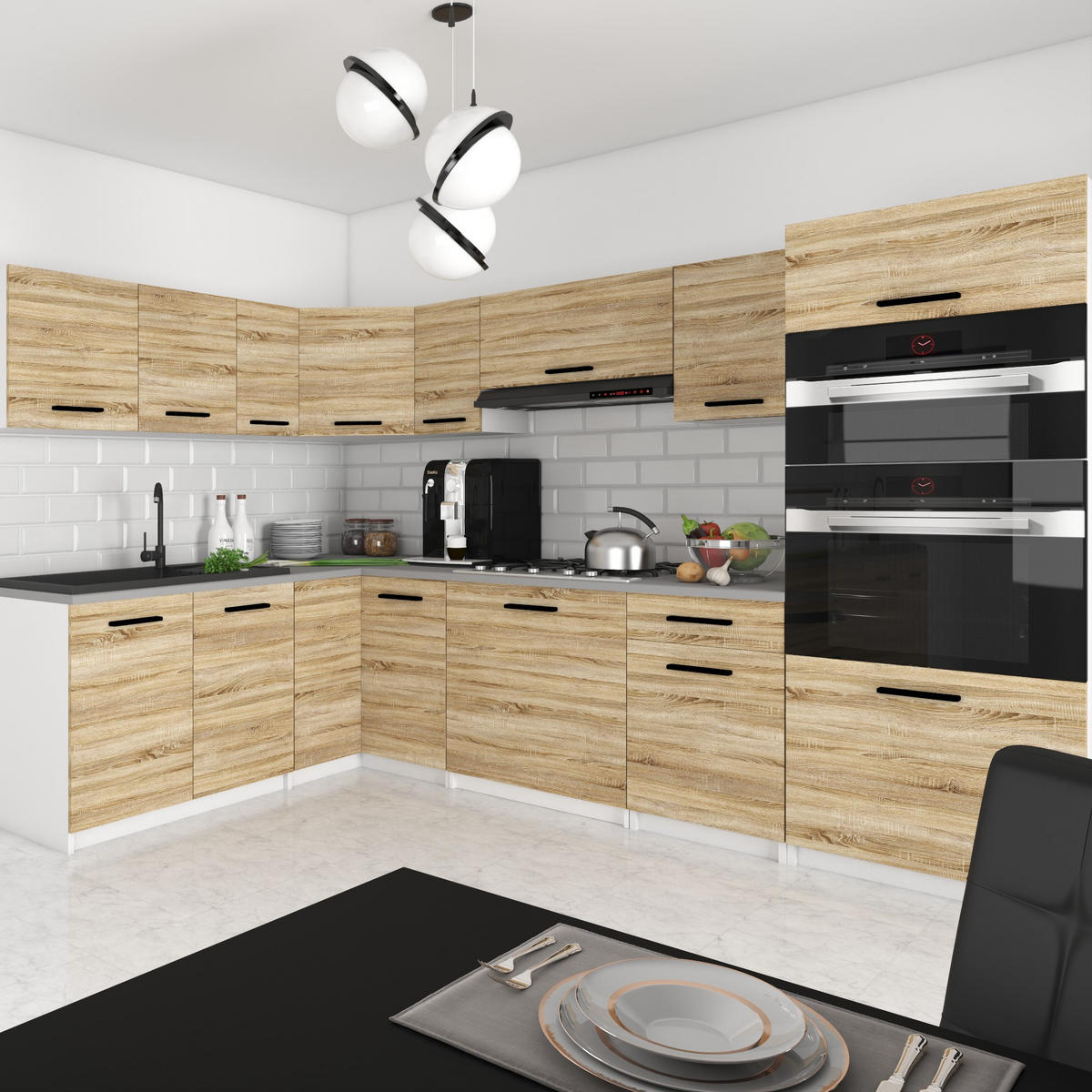 KÜCHENZEILE Italia 8 420 cm , mit Arbeitsplatten, Sonoma Eiche - Sonoma Eiche, Holz (420/143/60cm) - B BELINI GROUP