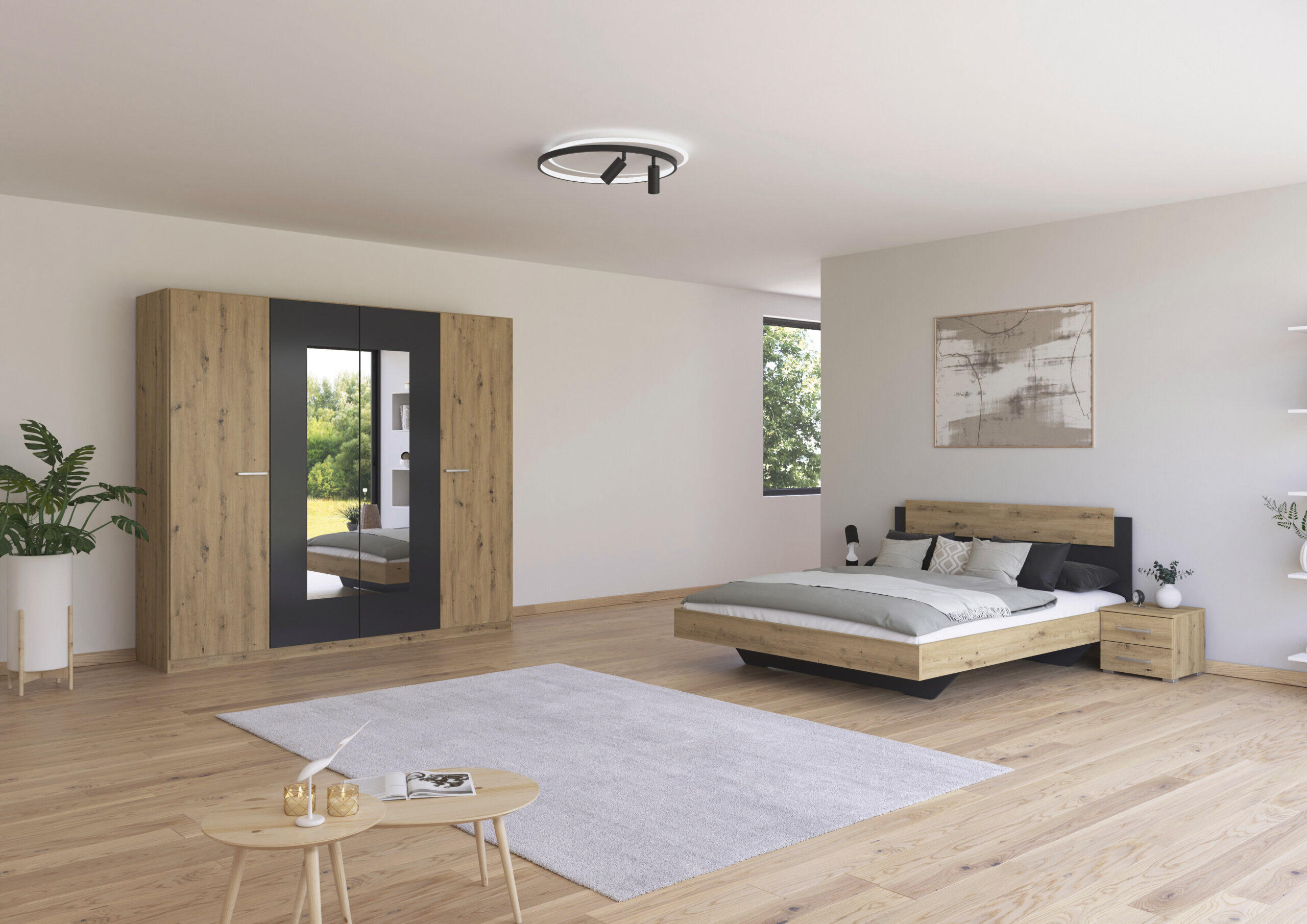 SCHLAFZIMMER Borba in Eiche und Grau 4 teilig – mit Bettanlage 160x200cm, zwei Nachttisch und Drehtürenschrank 225cm Breite - Braun, Holzwerkstoff (80/200/120cm)