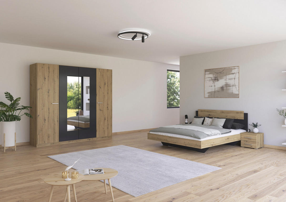 SCHLAFZIMMER Borba in Eiche und Grau 4 teilig – mit Bettanlage 160x200cm, zwei Nachttisch und Drehtürenschrank 225cm Breite - Braun, Holzwerkstoff (80/200/120cm)
