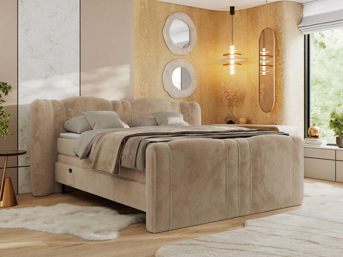 BOXSPRINGBETT FORTINA 160/200 - Beige Plüsch - Topper T25 - H3 - Beige/Schwarz, Textil/Metall (160/200cm) - MKS