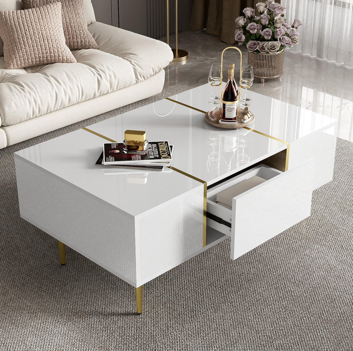 KONFERENČNÍ stolek z MDF, 100/60/41,5 cm bílý vysoký lesk se 2 zásuvkami - bílá, kompozitní dřevo (100/60/41.5cm) - BEAOK