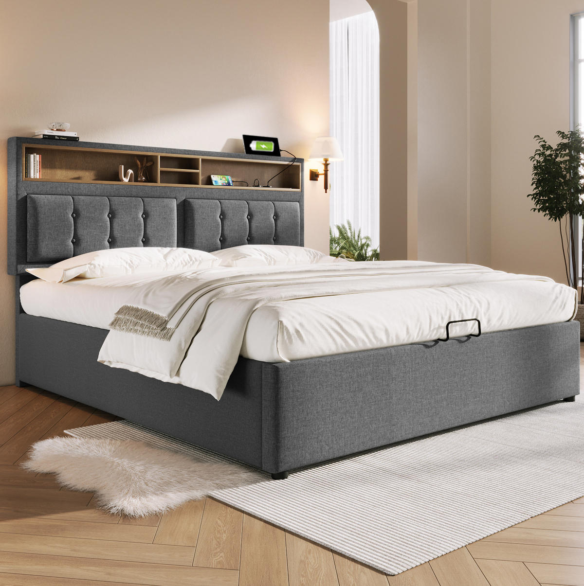POLSTERBETT mit Bettkasten 140/200 cm in Grau mit USB-C, Steckdosen und Lattenrost - Grau, Textil (140/200cm) - BEAOK