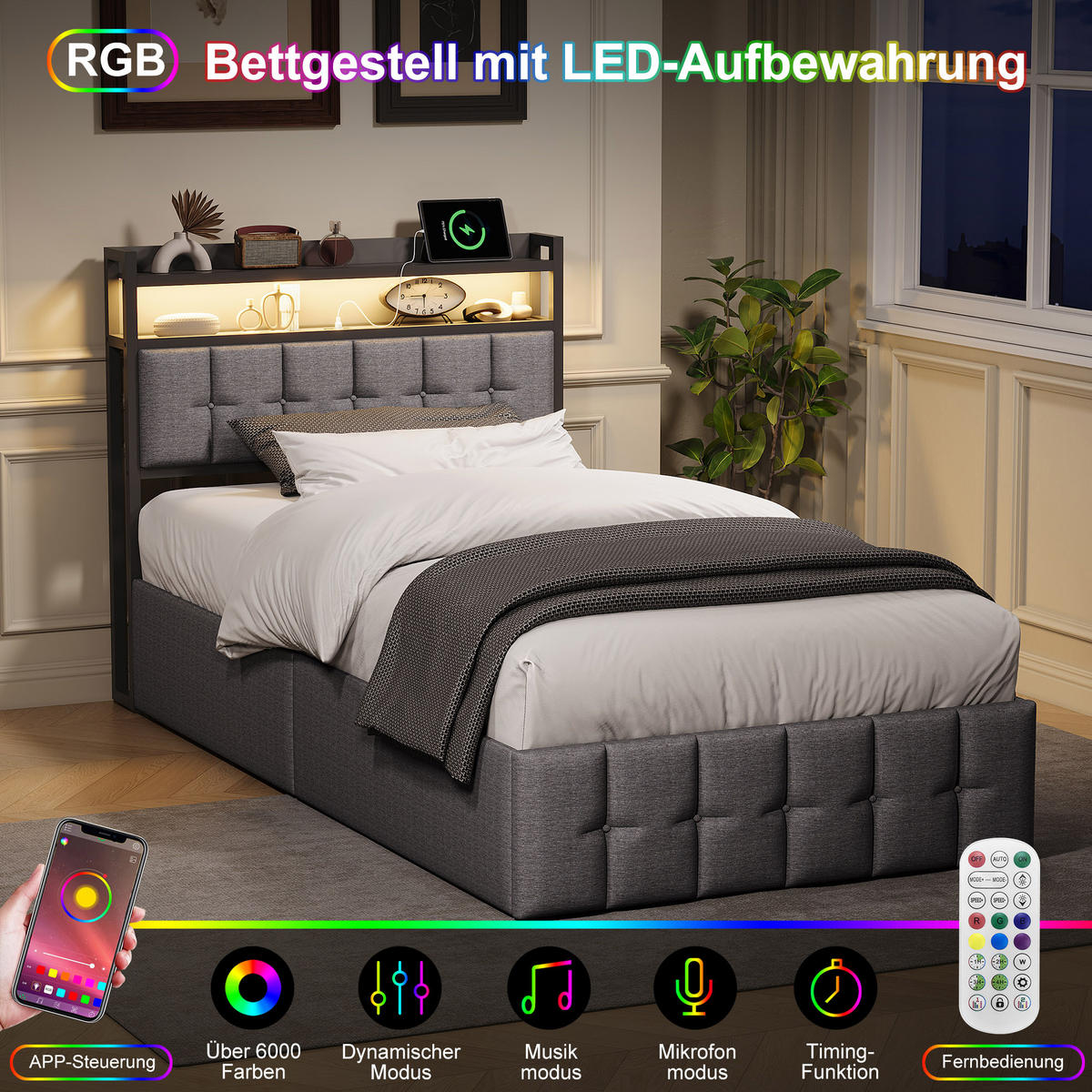 POLSTERBETT 90x200 cm mit bettkasten, einzelbett mit stauraum, USB und LED, Grau - Grau, Holz/Textil (90/200cm) - GENKI LIVING